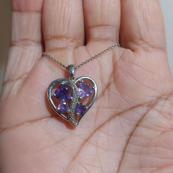 Amethyst And Diamond Heart Pendant Sterling Silver Necklace 925 PAM Italy - Picture 8 of 8